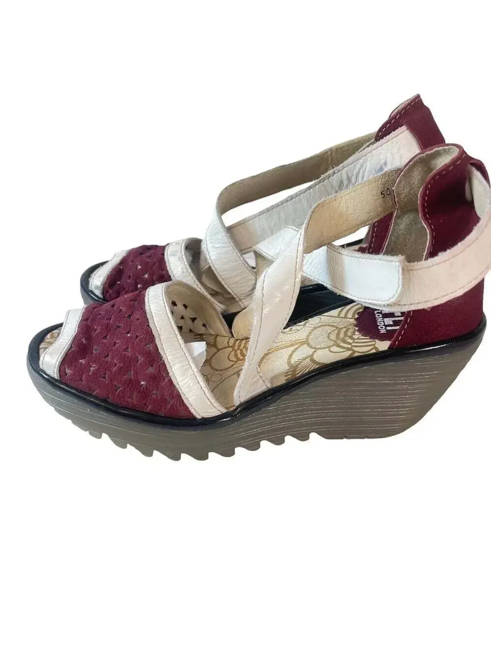 Fly London Ynes Leather Wedge Sandals Perforated Ankle Strap Comfort EU 37
